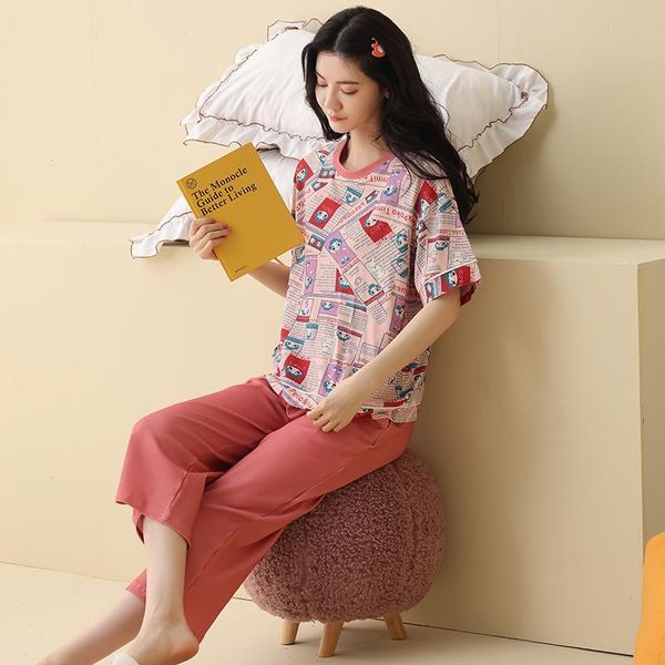 

women pajamas set summer 100 cotton short-sleeved sleepwear pyjamas, Black;red