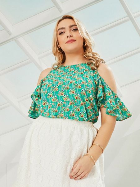 

plus allover floral print cold shoulder blouse m5ya#, Black