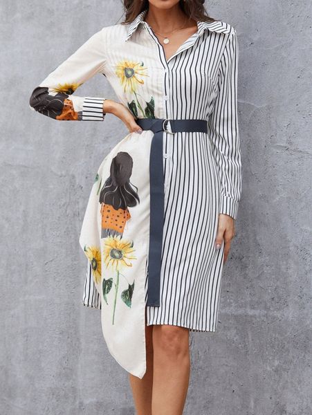 

sunflower & striped print asymmetrical hem belted shirt dress k4xq#, Black;gray