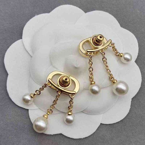

fine jewellery ornament charm earring diamond inlaid pearl tassel earrings simple high sense female earrings, Golden