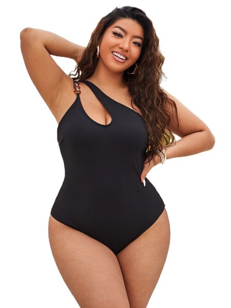 

plus rib chain linked one shoulder one piece swimsuit c4cy#, White;black