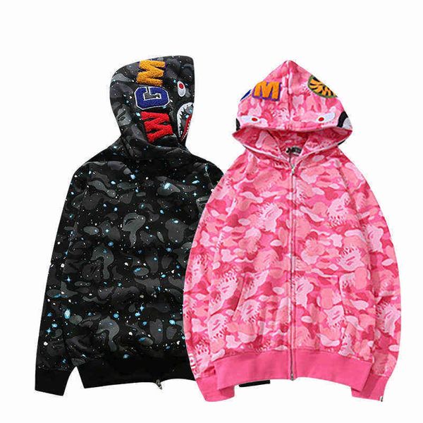 

baped shark camouflage print sweatshirt men harajuku graffiti autumn winter hooded hoodies hip hop long sleeve coat women jacket, Black