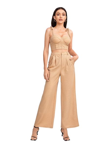 

x yia tie shoulder bustier cami & fold pleated pants b7fq#, White