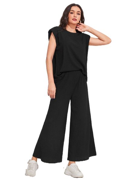 

solid sleeveless blouse & wide leg pants set p7nj#, White