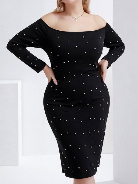 

plus off shoulder pearls beaded bodycon dress w3go#, Black