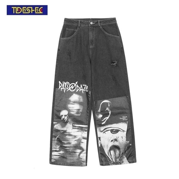 

streetwear abstract funny jeans patchwork printed hip hop wide leg pants men high street 220425, Blue