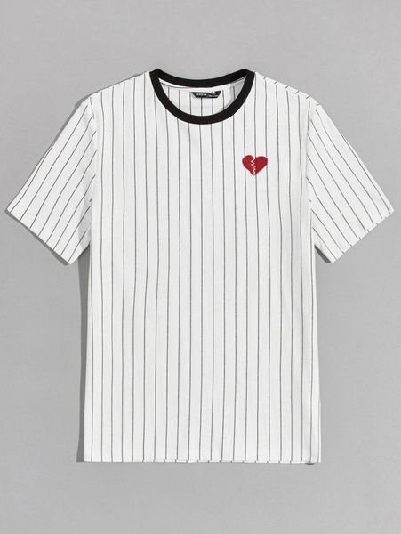 

men heart embroidery striped print tee s6h3#, White;black
