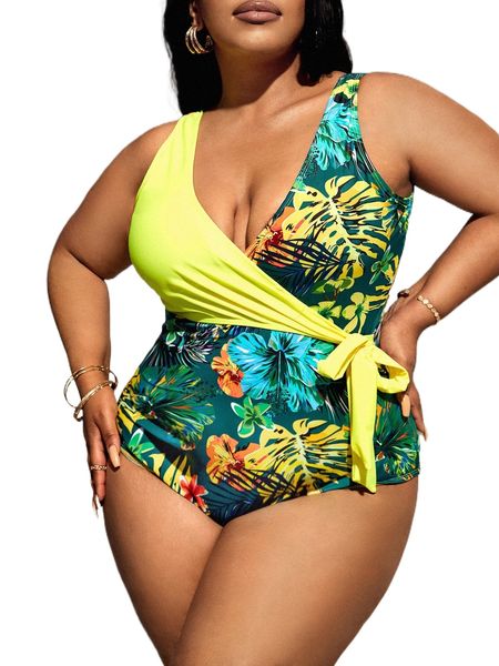 

plus tropical print knot side one piece swimsuit c0kk#, White;black
