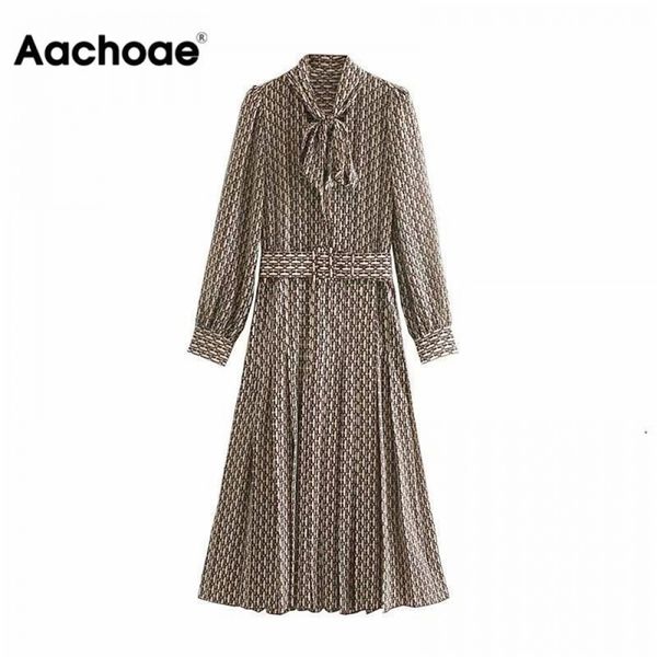 

aachoae women elegant long dress with belt chain print bow tie neck office lady shirt sleeve pleated vestidos 220330, Black;gray