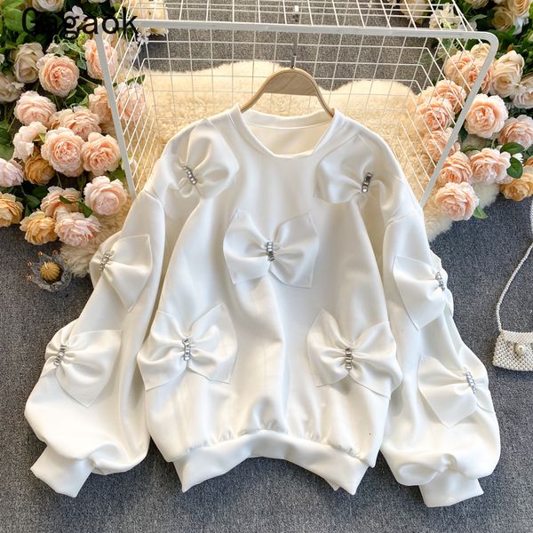 

women's hoodies sweatshirts gagaok women spring autumn streetwear solid puff sleeve bow loose casual harajuku wild 230206, Black