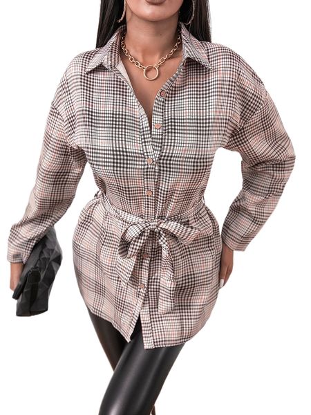 

sxy plaid drop shoulder belted coat 86vv#, Black