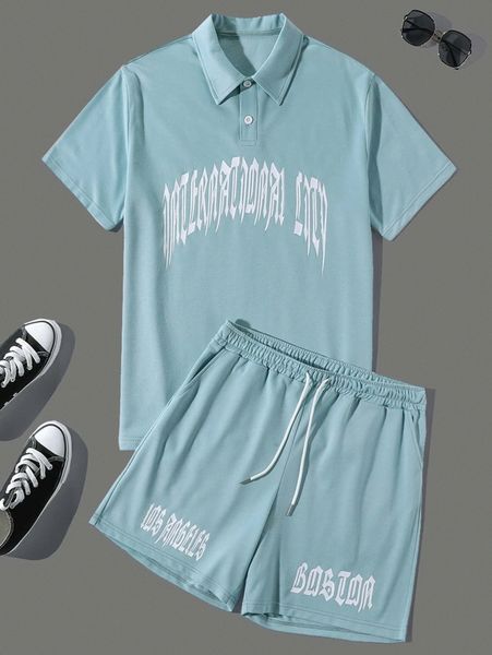 

men letter graphic polo shirt & drawstring waist track shorts c61n#, Gray