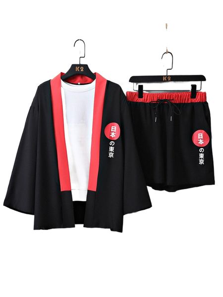 

men japanese letter graphic contrast trim kimono & shorts without tee k6qm#, Gray