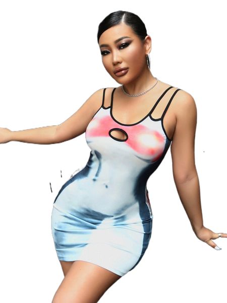 

sxy tie dye contrast binding cut out bodycon dress g5hp#, Black;gray
