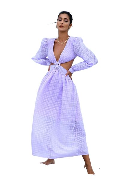 

swiss dot plunging neck shirred backless puff sleeve dress s9wo#, Black;gray