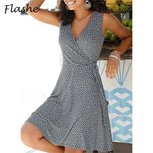 

casual polka dot dress women v neck sleeveless bandage beach summer bohemian es for clothes s 5xl 220611, Black;gray