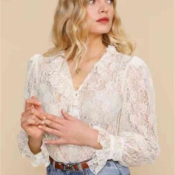 

women's blouses shirts legal system ro spring and summer legal lace semi perspective front button up shirt female, White