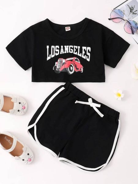 

toddler girls letter and car print tee & contrast binding track shorts she, White