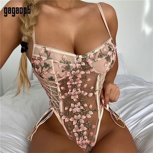 

gagaopt women teddy erotic corset lace mesh sleepwear nightwear embroidered strap pajamas 220505, Black;white