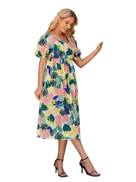 

emery rose tropical print square neck puff sleeve dress d1ke#, Black;gray