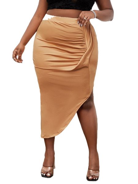 

plus high waist ruched draped asymmetrical hem skirt l7mn#, Black