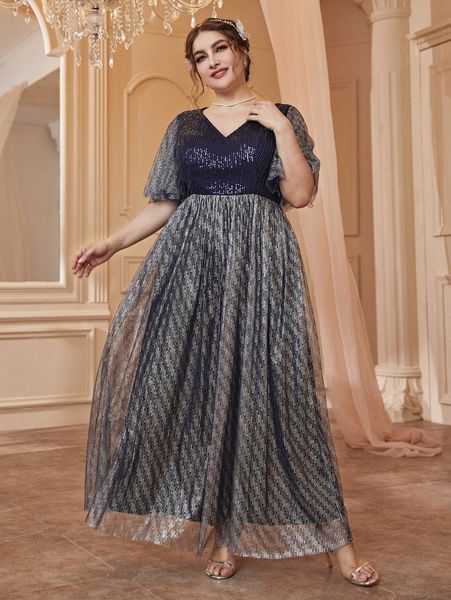 

plus butterfly sleeve sequin formal dress n418#, Black