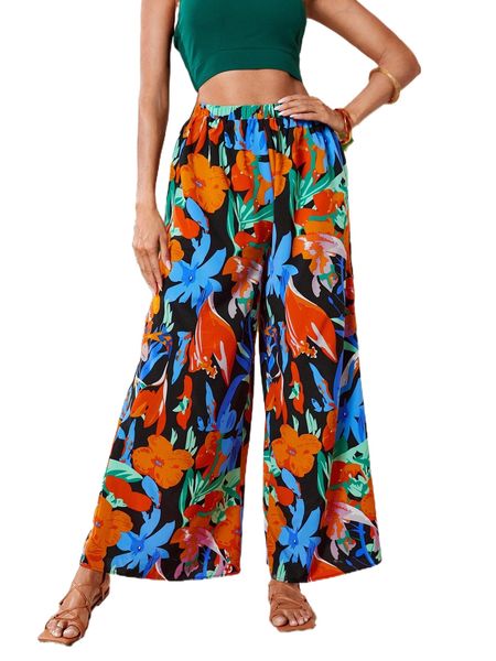 

floral print wide leg pants 95sj#, Black;white