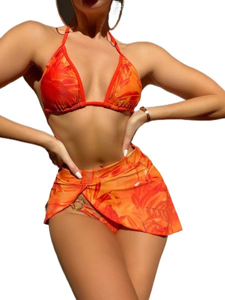 

tropical print halter triangle bikini swimsuit with beach skirt b2bq#, White;black