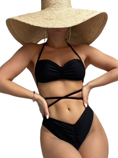 

ruched criss cross tie backless halter bikini swimsuit l1mm#, White;black