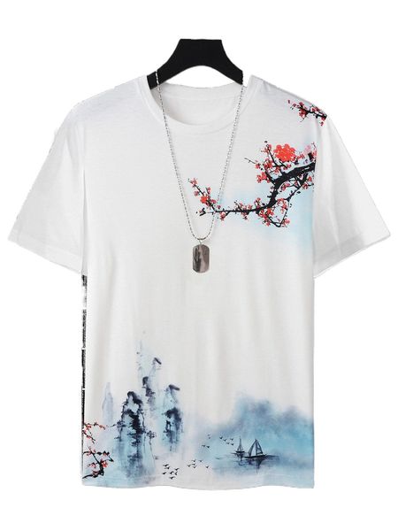

men ink landscape print tee q7tx#, White;black