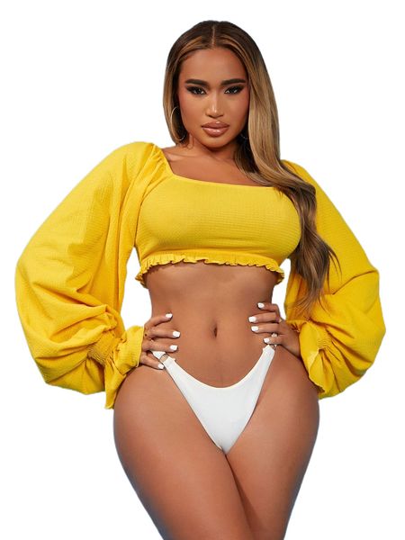 

sxy flounce sleeve shirred back frilled m91y#, White