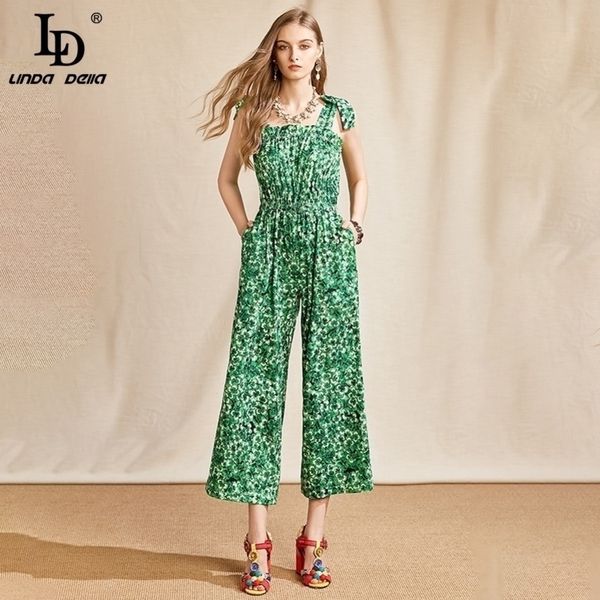 

ld linda della fashion runway summer elegant ladies long jumpsuit bowknot shoulder elastic waist print lady casual rompers y200904, Black;white