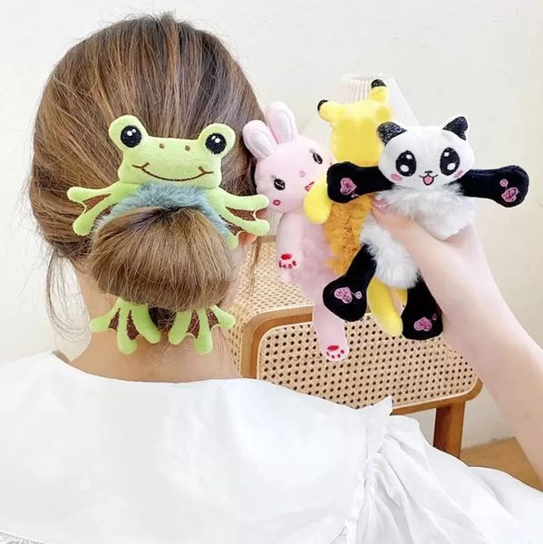 Peluş saç bandı elastik aksesuarlar yeni kadın kız çocuklar sevimli oyuncak ayı kurbağa kurbağası tavşan oyuncak ip kauçuk bağları hayvan scrunchies