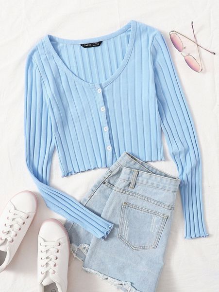 

buttoned front lettuce trim rib-knit e2ed#, White