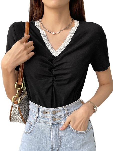 

dazy lace trim ruched front tee m5lz#, White