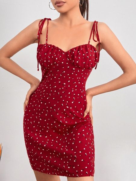 

petite ditsy floral print ruched bust knot shoulder cami dress j8vt#, Black;gray