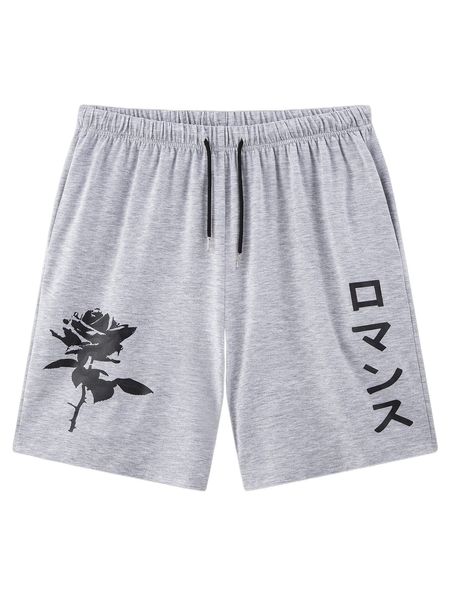 

men japanese letter & floral print drawstring waist shorts x8c5#, White;black