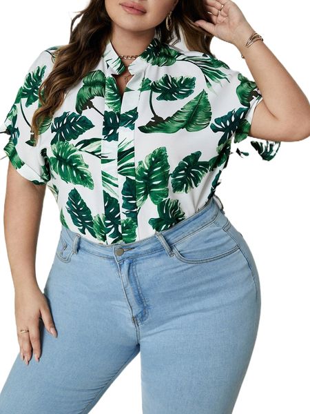 

plus tropical print batwing sleeve blouse a7rw#, Black