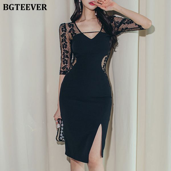 

ladies party evening bodycon dress fashion v-neck lace patchwork slim waist women dress split sheath ol vestidos, Black;gray