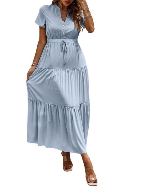 

notch neck ruffle hem fake drawstring dress r5za#, Black;gray