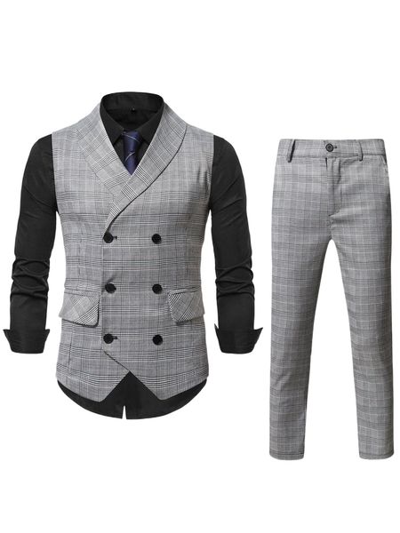 

men 1pc glen plaid shawl collar waistcoat & 1pc tailored pants f7vo#, White;black