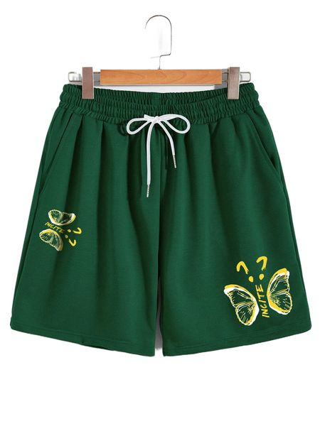 

romwe guys butterfly print drawstring shorts d1pc#, White;black