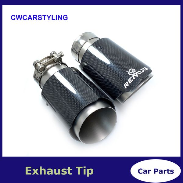 

car universal sandblasting stainless steel single exhaust pipe full glossy carbon remus logo black cover muffler tip for merc