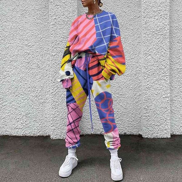 

women's two piece pants 2022 autumn and winter fashion printed round neck long sleeve trousers leisure sports two-piece sweater set 0vs, White