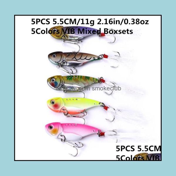 Yemler balıkçılık sporları açık havada 5pcs 5.5cm/11g 2.16in/0.38 oz 5 iltihaplar VIB karışık kutu setleri titreşim tamamen metal cazibesi balıkçılıkbait sert artif