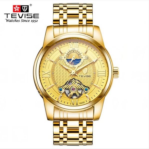 

2022 tevise men's fashion watch moon phase luxury business men watch tourbillon design stainless steel strap wrist watches gift c2, Slivery;brown