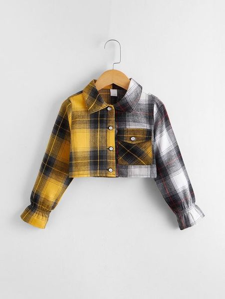 

toddler girls color-block plaid flounce sleeve crop blouse she, White;black