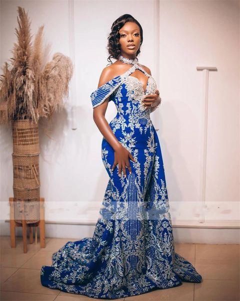 Aso Ebi African Blue Applikationen Abendkleider Luxus 2022 Sexy Neckholder Silber Spitze Formale Prom Party Kleider Für Aracbi Frauen