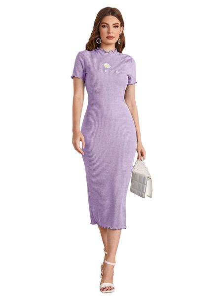 

floral & letter embroidery lettuce trim bodycon dress d5wr#, Black;gray