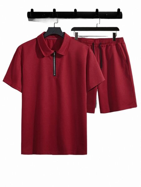 

men quarter zip polo shirt & drawstring waist shorts m2gj#, Gray
